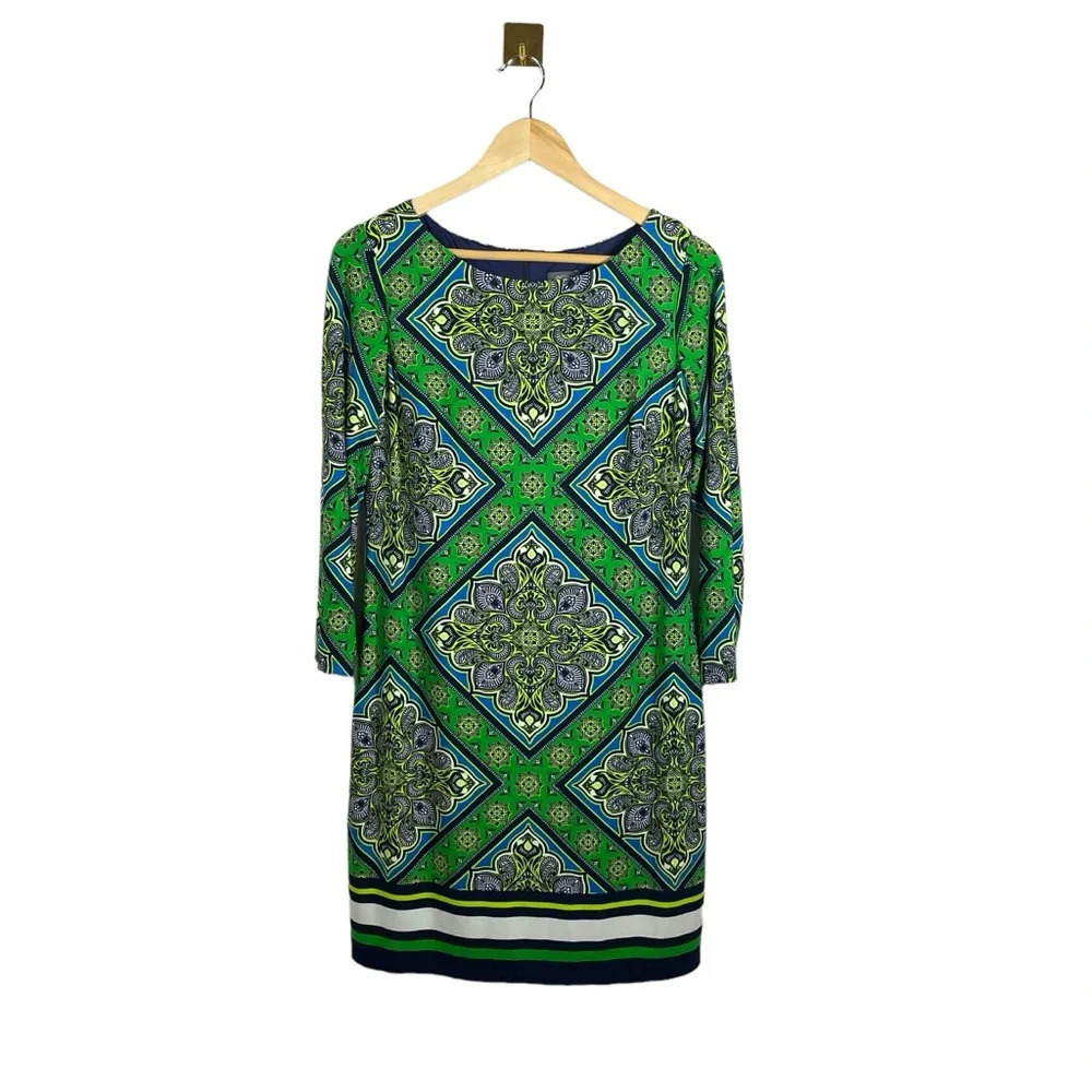 Vince Camuto Womens 10 Paisley Scarf Print Shift Dress Green Blue Long Sleeve
